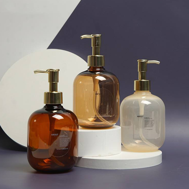 300ml 500ml PET Plastik Amber Bulat Kosong Kondisioner Body Lotion Botol Emas PET Lotion Pump Botol Sampo