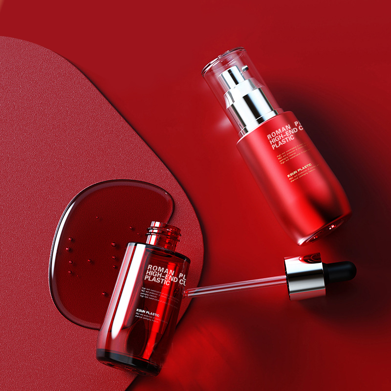 Botol Minyak Kosmetik Isi Ulang 50ml Botol Penetes Serum Perawatan Wajah PETG Merah Anggur dengan Penetes untuk Set Botol Krim