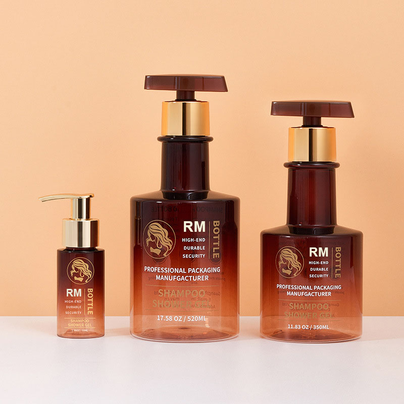 Sampel Gratis Botol Sampo Leher Panjang Emas Hitam Amber Botol Cuci Tangan Kosong Botol Pompa Losion Tubuh Plastik 300Ml 500Ml