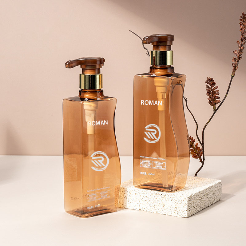 Botol Losion Tubuh Kosong Plastik Hewan Peliharaan Kuning Berbentuk Kurva 350Ml 500Ml dengan Pompa untuk Perawatan Rambut, Kondisioner Sampo atau Penggunaan Krim Wajah